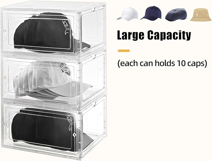 Hat Organizer Box,Stackable Clear Baseball Caps Holder Box Containers with Magnetic Door for Hats Snapback Cap Storage,Clear Hat Storage with Magnetic Door, Holds 40 Hats (clear, 4 pack)