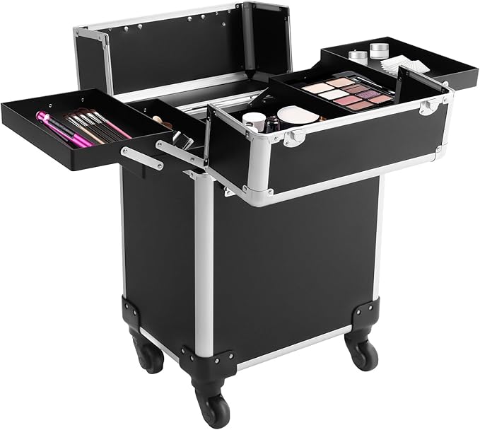 Rolling Makeup Case, Professional Cosmetic Train Case Trolley Roll Travel Box Large Capacity Salon Travel Case for Makeup Artist, Hairstylists, Nail Tech Makeup (Style 3)