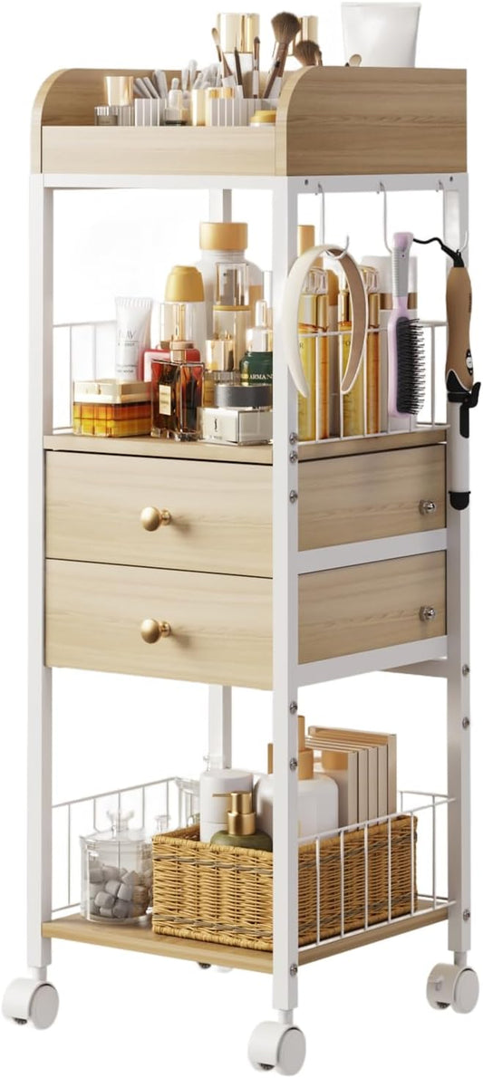 Makeup Organizer Cart, Rolling Floor Skincare Organizer and Storage with 2 Wooden Drawers, Cosmetics Display Cases Holder for Skin Care Perfume Hair Tools Nail Polish