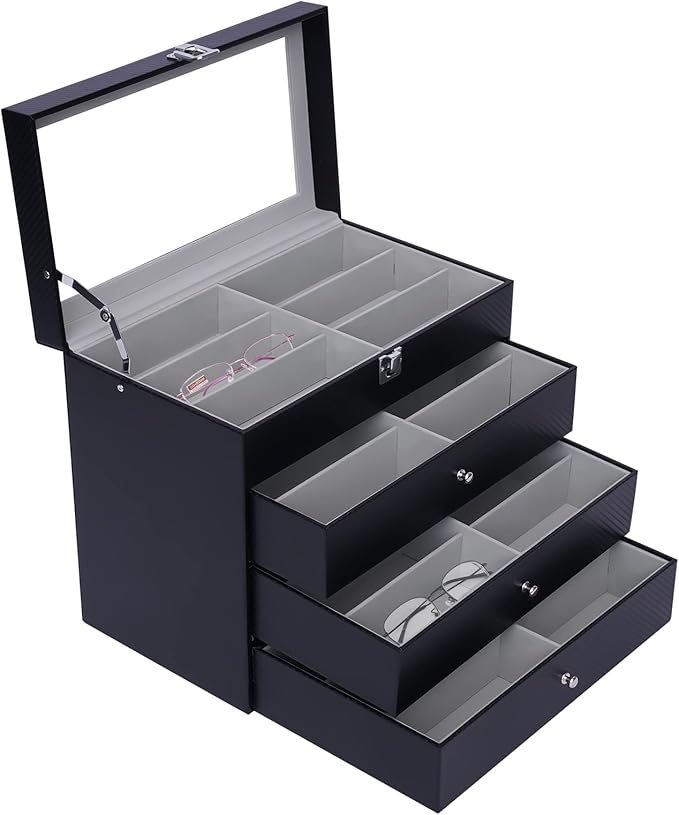 Sunglasses Organizer, Sunglasses Storage Organizer, Eyeglasses Storage Glass Top Lockable Case Organizer Eyeglasses Display Box for Women Men (Black)