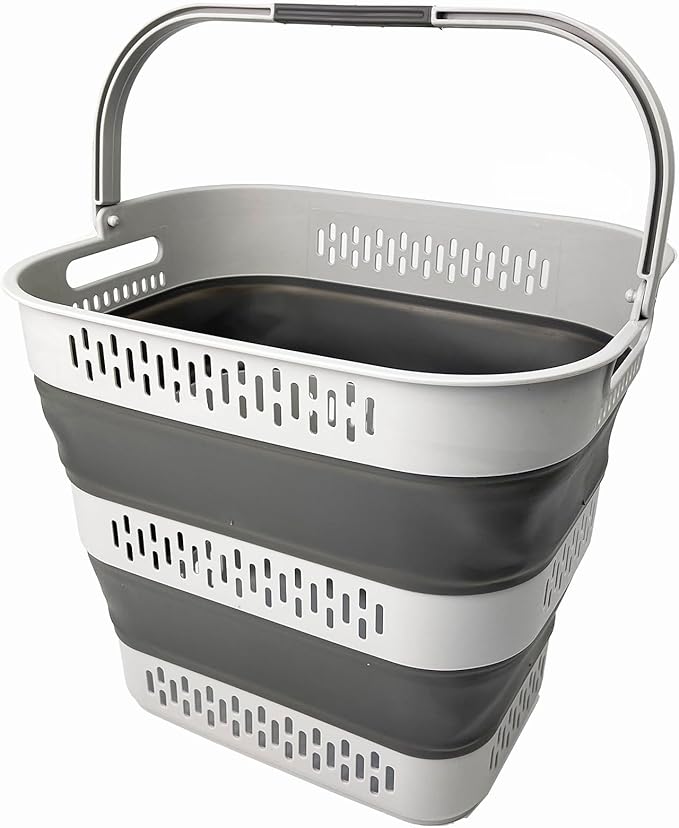 SAMMART 40L (10.5 Gallon) Collapsible Plastic Laundry Basket - Foldable Pop-Up Storage Container/Organizer – Portable Space Saving Laundry Hamper (1, Grey)