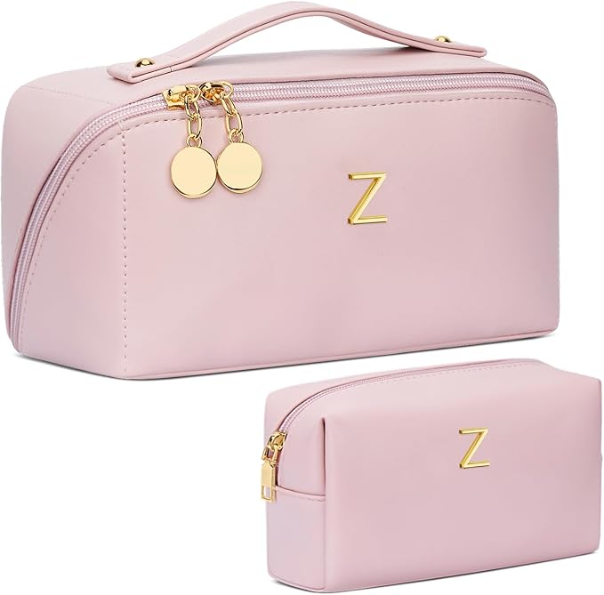 Valentine's Day Gifts for Women Teen Girl, Personalized Initial Makeup Organizer Bag Set, Open Flat Travel Cosmetic Bag With Clear Divider and Handle(Pink,Z)