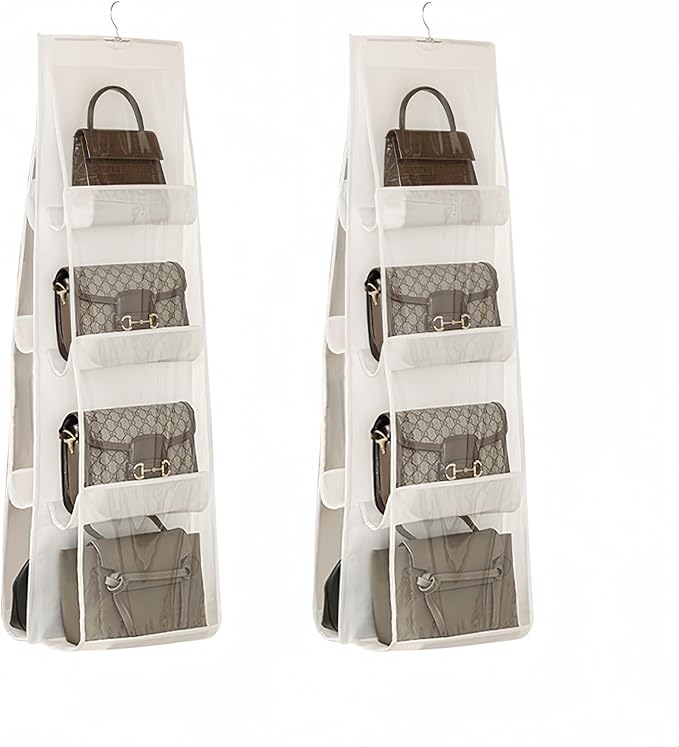 HAN SHENG 8 Pockets Clear Handbag & Purse Organizer Hanging Bag Storage - Space Saving Hanging Shelf for Closet, Wardrobe, Over Door (2 Pack, White)
