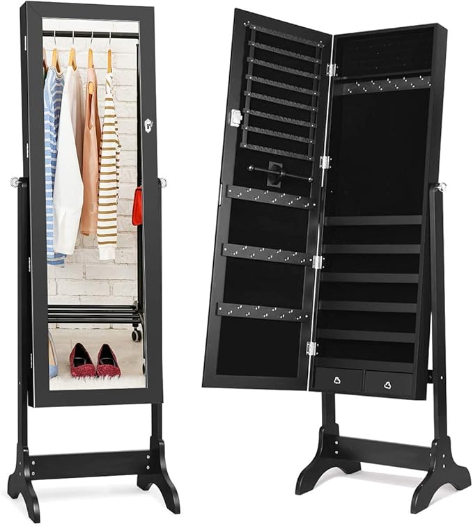 Giantex Lockable Standing Jewelry Armoire with Full Length Mirror, Large Storage Capacity Jewelry Cabinet Organizer with 2 Drawers, 4 Angle Adjustable, Extra Wide Mirror for Women Girls (Black)