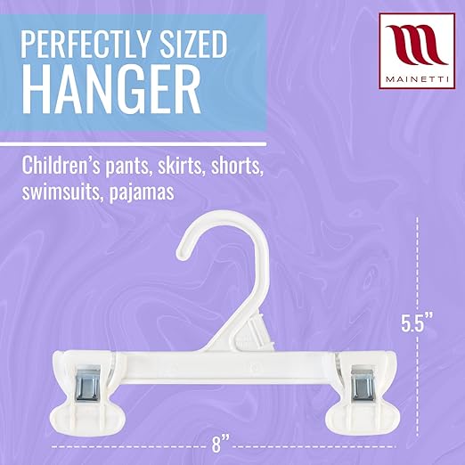 Mainetti 6108PWS50 White All Plastic Hangers - 50 Pack with Sturdy Plastic Non-Slip Clips, Great for Pants/Skirts/Slacks/Bottoms, 8 Inch