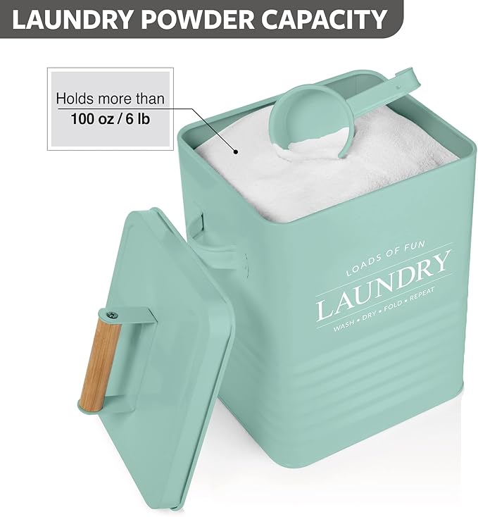 Calindiana Modern Farmhouse Metal Soap Dispenser with Scoop for Laundry Room Decor and Organization, Mint