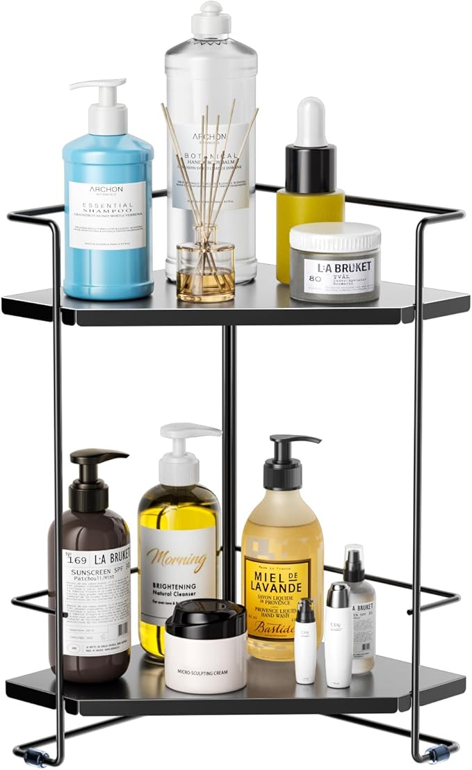 Bathroom Organizer Countertop, 2-Tier Bathroom Organizers and Storage for Bathroom Countertop, Kitchen Counter, Corner Storage Shelf for Storage, Skincare, Perfume, Makeup (Black)