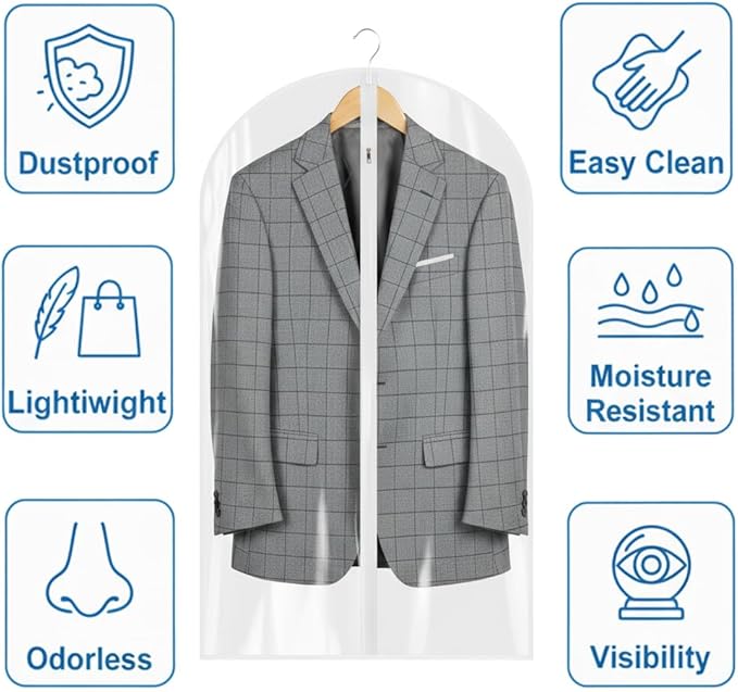 All Clear Garment Bags for Travel - 32” PEVA Waterproof Suit Cover with Zipper for Hanging Clothes, Shirts, Sweaters - Durable Dresser for Closet Storage, Dustproof & Moisture Resistant - 32”/6 Pack