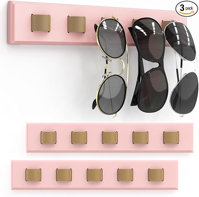3 Pack Sunglass Organizer, Wall Mounted Sunglasses Organizer, Wooden Glasses Holder Sunglass Holder, Sunglasses Rack for Hanging Your Multiple Eyeglasses, for Wall, Home Decor(Pink)