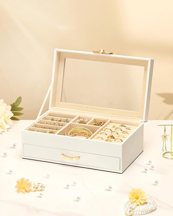 Jewelry Box with 1 Drawers: Display Organizer for Earrings Necklaces - Christmas Gifts for Girls Women (White)