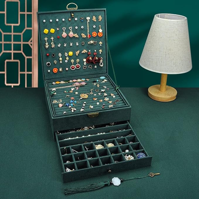 Jewelry Organizer 5 Layers Velvet Square Jewelry Box Women Necklace Ear studs Display Bangles Large Jewelry Storage Case Drawer GY306 (blackish green)