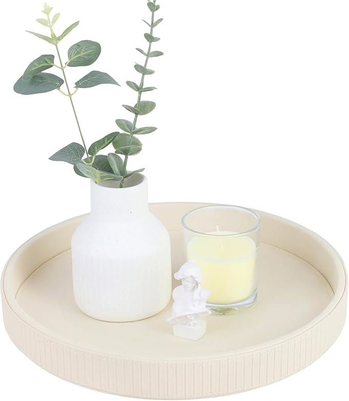 HofferRuffer Round Decorative Tray, Faux Leather Vanity Tray Decor, Decorative Catchall for Perfume, Bathroom Valet, Nightstand or Dresser (Creamwhite Stripe, Round-12" x 12" x 1.6")