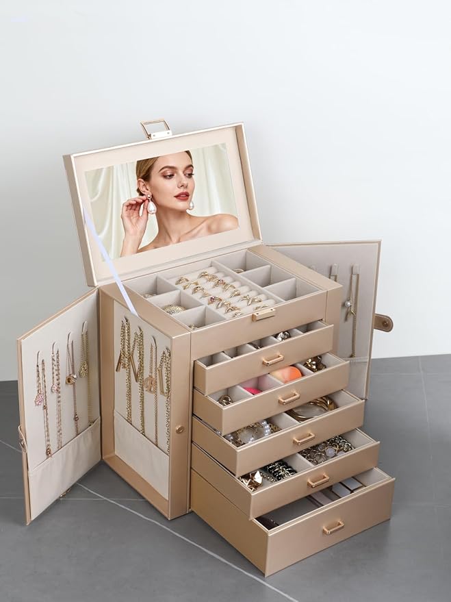 BOOVO Jewelry Box For women, 6 Layer Large Jewelry Organizer With Mirror, Multi-Function Storage Box With Lock, Necklace Holder With 5 Drawers, For Earrings Necklace Bracelet (Champagne Gold)