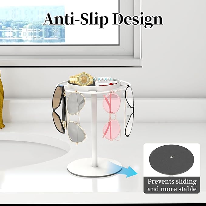 LSK Metal Sunglasses Organizer, Glasses Holder Stand with Storage Tray, Eyeglasses Holder with Anti-Slip Pads for Tabletop, Desk, Dresser, White
