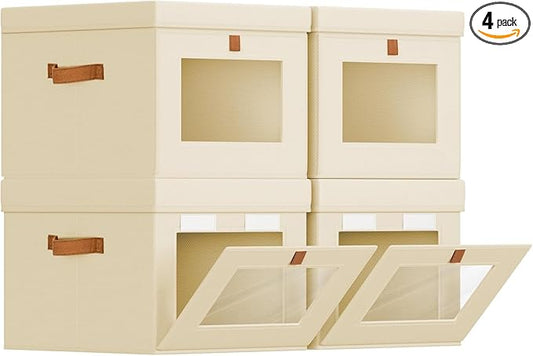 Storage Bins with Lid – Closet Organizer with Side Opening and Clear Window, Foldable Stackable Fabric Basket for Clothes, Home, Office - 13.77" x 11.8" x 9.8", 4 Pack, Beige