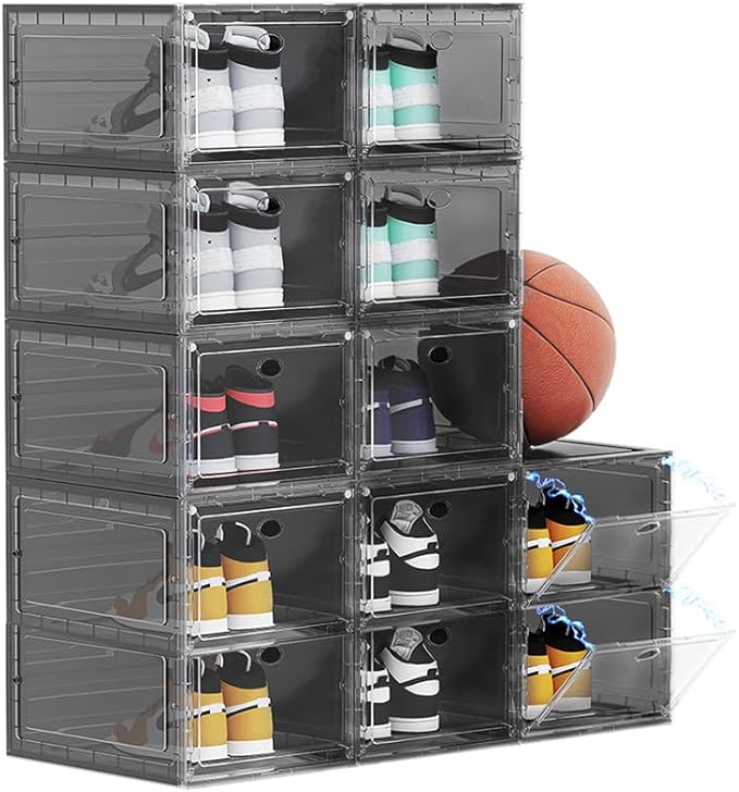 12 PACK Large Shoe Storage Boxes, Shoe Boxes Clear Plastic Stackable, Shoe Organizer for Size 12 (Grey 12 Pack)