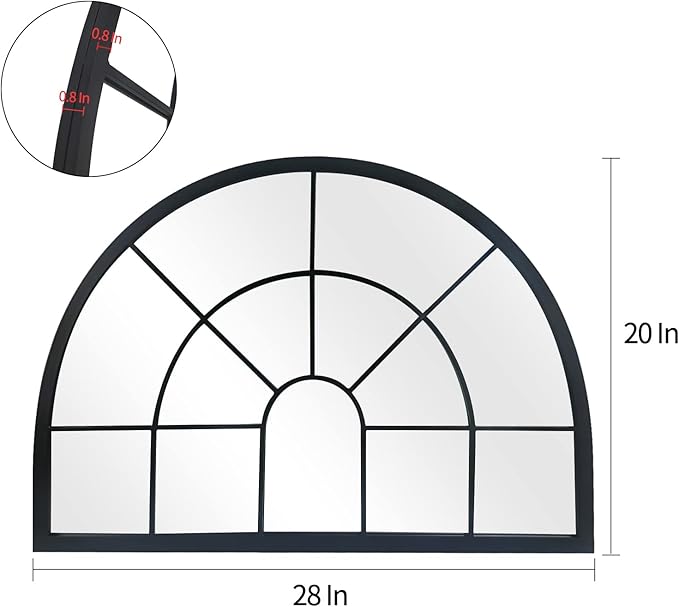 WAMIRRO Black Arched Window Pane Semi-Round Mirror - Farmhouse Mantel Half Circle Mirror for Fireplace, Living Room, Entryway Console Table,Wall Deocr 28"X20"