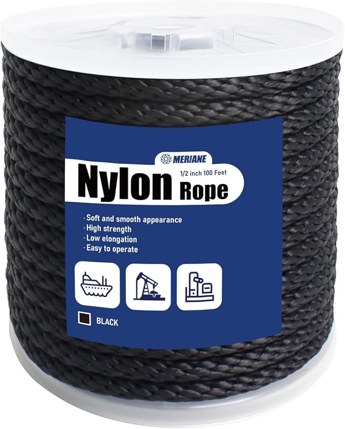 MERIANE Black Nylon Rope 1/2inch 100FT – Multipurpose Solid Braided Rope – Ideal Use for Camping, Clothesline, Marine, Flag Line – Abrasion & UV Resistant – Shock Absorption Rope for Indoor Outdoor