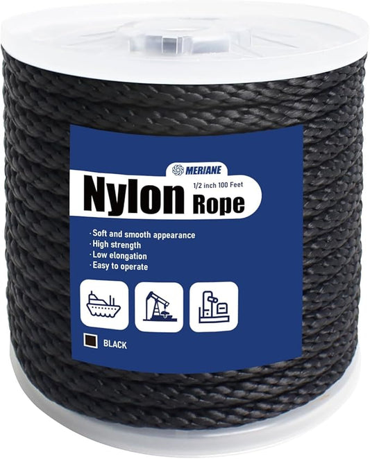 MERIANE Black Nylon Rope 1/2inch 100FT – Multipurpose Solid Braided Rope – Ideal Use for Camping, Clothesline, Marine, Flag Line – Abrasion & UV Resistant – Shock Absorption Rope for Indoor Outdoor