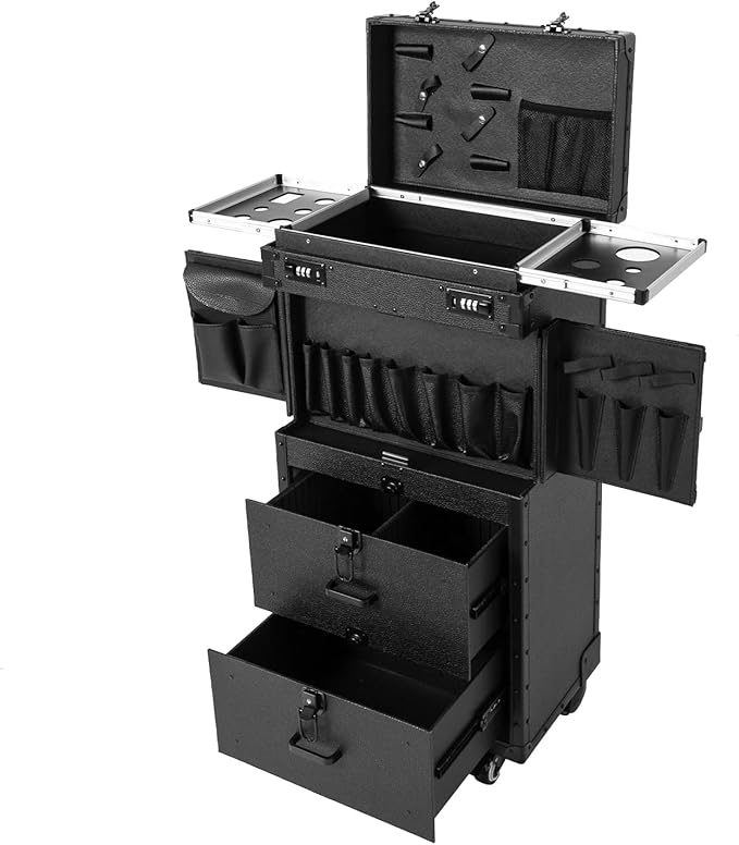 Rolling Lockable Makeup Train Case,Professional Makeup Train Case,Aluminum Cosmetic Case with 360° Swivel Wheels,Multifunction Cosmetics Trolley Train Case