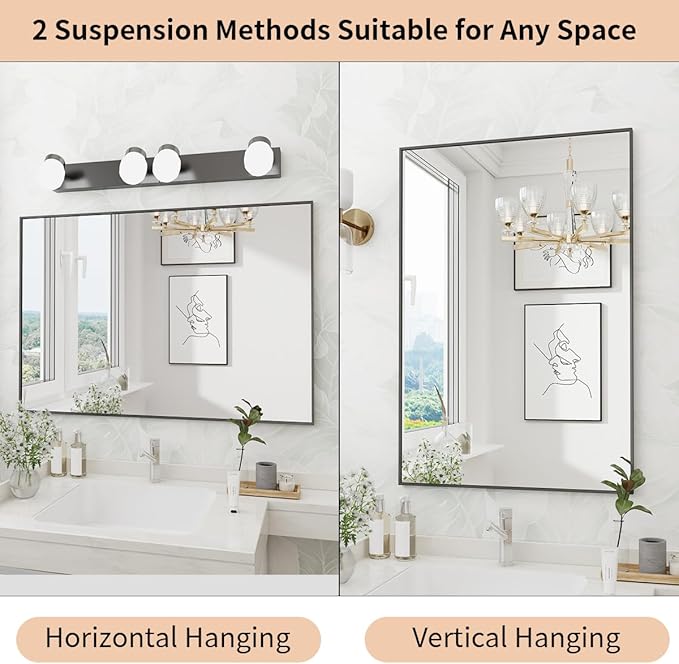 Koonmi Black Mirrors for Wall, 24x36 Inch Bathroom Mirror, Rectangular Wall Mirror for Living Room Bedroom Bathroom, Hangs Horizontally or Vertically