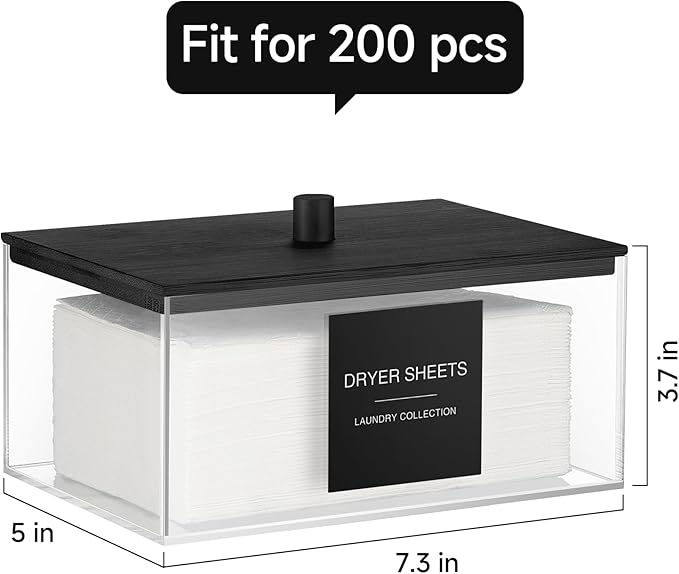 TIPGO Acrylic Dryer Sheet Holder with Lid, Clear Laundry Sheets Container with 27 Labels, Laundry Pods Storage for Laundry Room Organization - Black