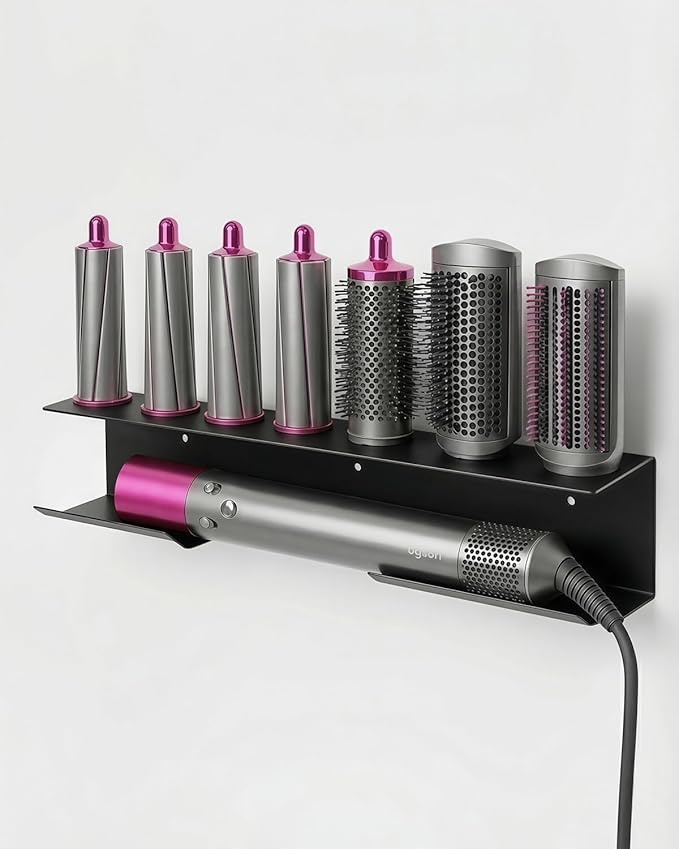 Dyson Airwrap Holder, Aluminum Dyson Airwrap Wall Mount with 7 Custom Slots&Cable Hook, Dyson Organizer Wall Mounted for Bathroom Salon Adhesive or Screw Black PTALSEAW