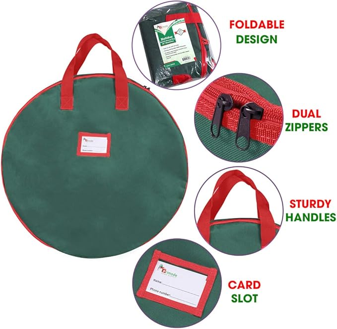Primode Heavy Duty Christmas Wreath Storage Bag 36"- Handles Made Of Durable 600D Oxford Polyester Material Storage Bag 36” Holiday Wreaths (Green)