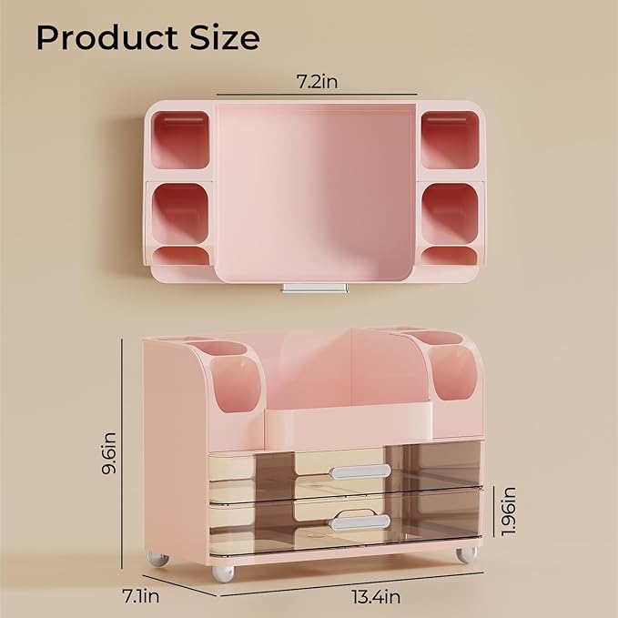 Makeup Organizer for Vanity with 2 Large Drawers, Cosmetic Display Case with Brush Holders, Easy to Storage for Bathroom Countertop Skincare, Desk Office Supplies, Pink