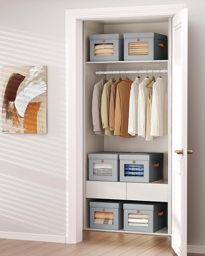 Storage Bins with Lid – Closet Organizer with Side Opening and Clear Window, Foldable Stackable Fabric Basket for Clothes, Home, Office - 13.77" x 11.8" x 9.8", 3 Pack, Grey