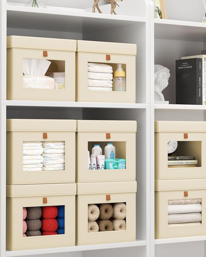 Storage Bins with Lid – Closet Organizer with Side Opening and Clear Window, Foldable Stackable Fabric Basket for Clothes, Home, Office - 13.77" x 11.8" x 9.8", 5 Pack, Beige