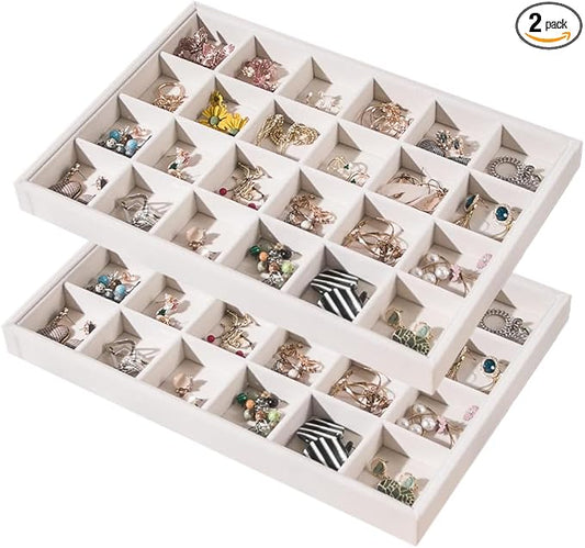 2pcs/Set Velvet Jewelry Tray, 24 Grids Large Storage Tray for Bracelet Bangle Beads Display, Jewellery Organizer Box Tray for Home Drawer or Shop Store Selling Show (Beige Velvet)