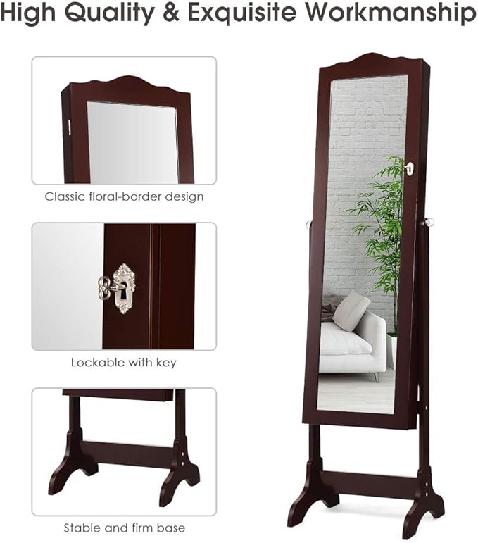 Giantex Jewelry Armoire Organizer with Full Length Mirror, 14 LEDs Floor Standing Jewelry Cabinet with 2 Drawers, 4 Adjustable Angles, Lockable Jewelry Storage Box Cabinet (Brown)