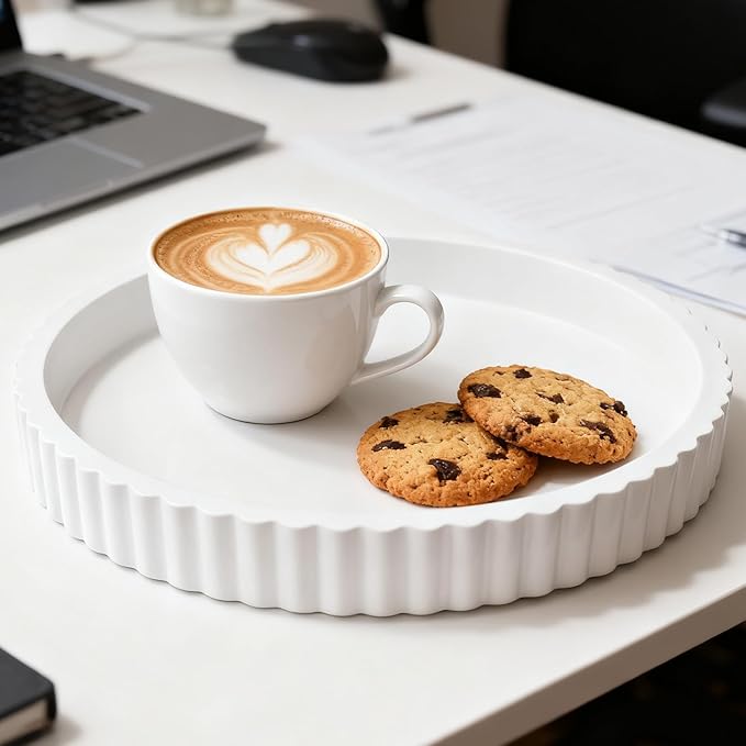 Decorative Tray for Coffee Table, 12'' Resin Modern Decorative Tray for Home Decor, Elegant Table Centerpiece White Round Fluted Serving Vanity Tray for Bathroom Kitchen Living Room Decor