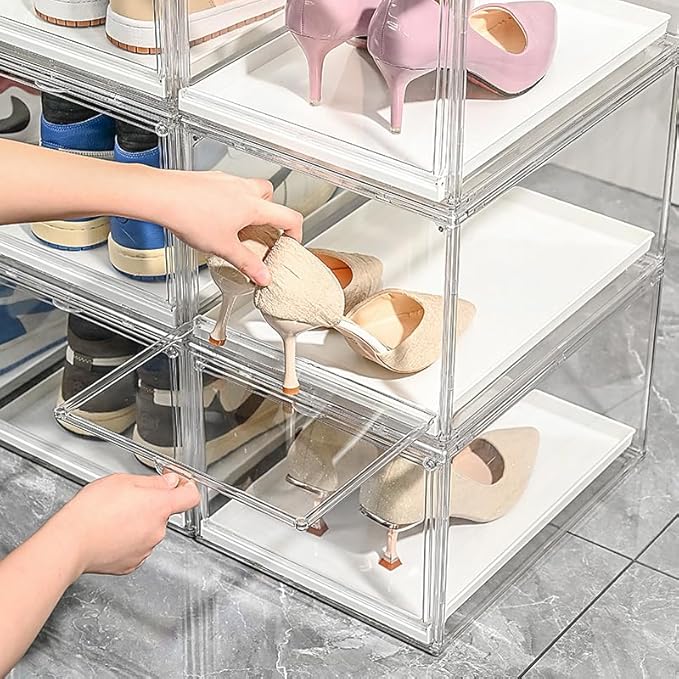 Stackable Clear Handbag Display Case for Closet with Drawers, Acrylic Box Display Case Showcase with Magnetic Door, Plastic Storage Bins Storage Drawers Containers for Organizing