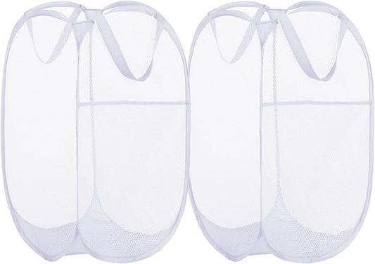 BATTOO Deluxe Strong Mesh Pop up Laundry Hamper Basket with Side Pocket for Laundry Room, Bathroom, Kids Room, College Dorm or Travel 2 Pack White