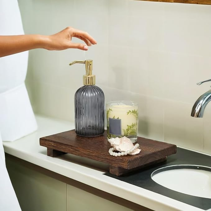 (12 x 7 Inch) Wood Riser Soap Tray, Farmhouse Wood Pedestal Stand for Kitchen Counter Sink, Rustic Wooden Riser Decorative Bathroom Counter Dishes Plant Bottles Candles Display