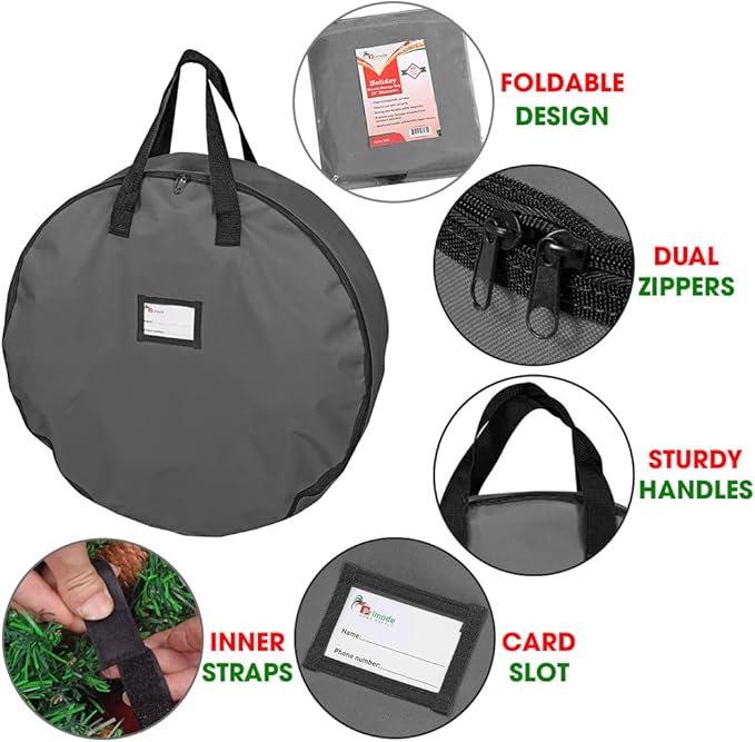 Primode Heavy Duty Wreath Storage Bag Garland Wreaths Container with Handles - Durable 600D Oxford Polyester Material Xmas Holiday Wreaths Storage Holder (30", Gray)