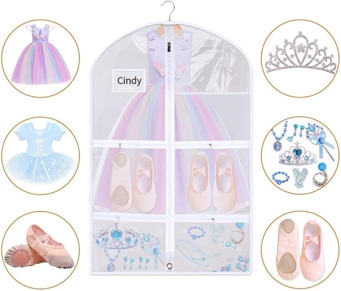 Clear PVC Dance Costume Bags(3 Pack),Garment Bag 40 Inch for Dance Competitions Cheerleading,Hanging Clothes Travel Dance Bags with 4 Pockets.Dance Essentials Cheer Bag for Girls Kids Recitals Dresses