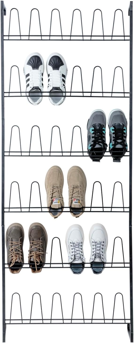 MyGift 70 Inch Black Metal Wall Mounted Shoe Rack for efficient vertical storage, shoe storage for Closet with 36 Hooks, Holds up to 18 Pair for Entryway