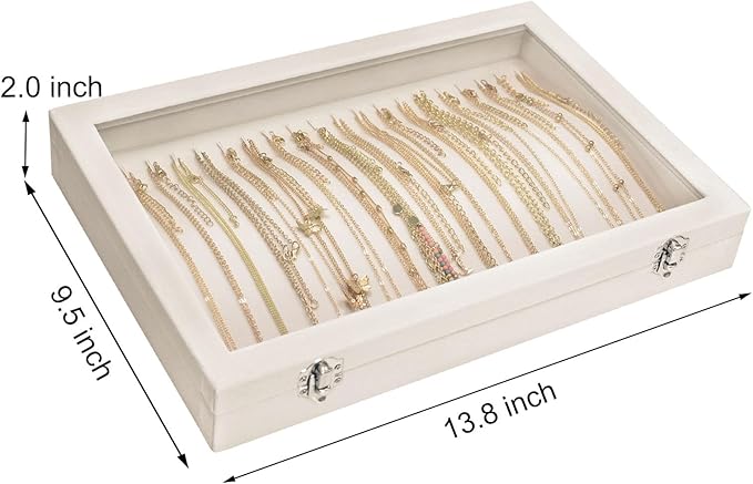 Necklace Organizer Box Premium 20 Hooks Velvet Necklace Display Jewelry Tray with Transparent Lid Jewelry Necklace Display Box for Necklace Pendants Suitable for Women and Girls (Beige)