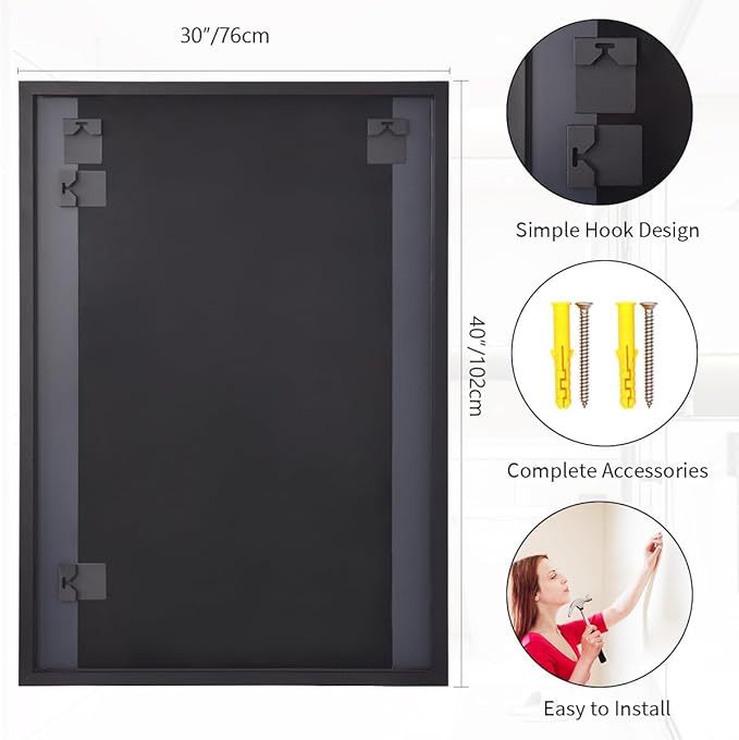 Koonmi Black Mirrors for Wall, 30x40 Inch Bathroom Mirror, Rectangular Wall Mirror for Living Room Bedroom Bathroom, Hangs Horizontally or Vertically