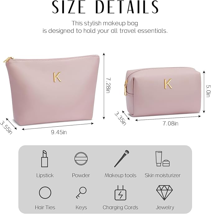 Valentine's Day Gifts for Women Girlfriend Initial Makeup Bag for Teen Girls Personalized Gifts for Friend Teacher Mom Wife Cosmetic Travel Toiletry Bag(Pink,K)