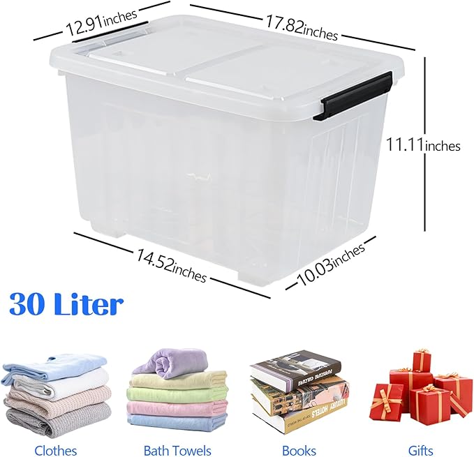 30 L Clear Plastic Storage Bin with Wheels, Lidded Latching Box, 4 Pack