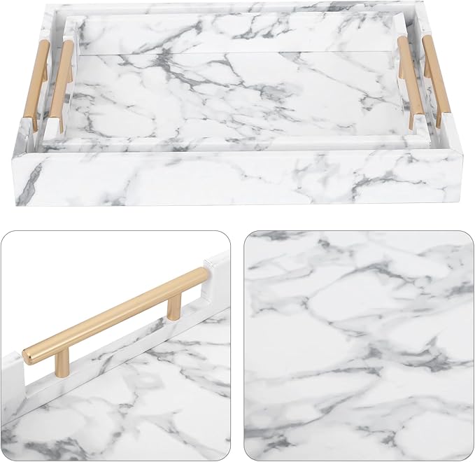 SwallowLiving Set of 2 White Fake Marble Serving Tray with Gold Polished Metal Handles White Decorative Wood Tray PU Leather with Brushed Gold for Coffee Table Ottoman Console Table Decor