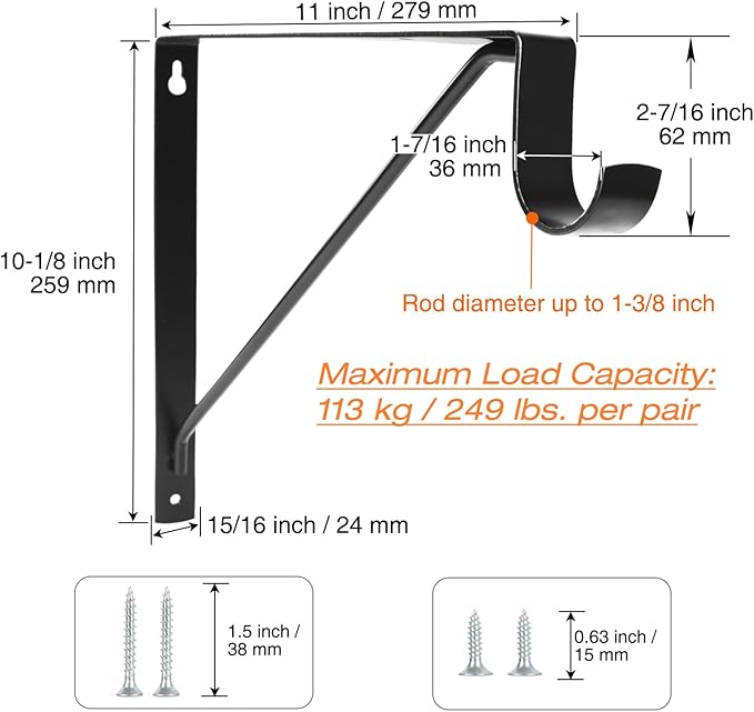 4 Pack Heavy Duty Closet Shelf & Rod Brackets, Wall Mounted Closet Shelf Brackets, 11 x 10.2 Inch Closet Shelf Brackets with Rod Support, Black