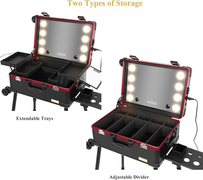 20" Aluminum Ligthed Makeup Train Case with LED Lights Professional Cosmetic Organizer Studio with Speaker, Wheels and Stands Rolling Trolley Makeup Vanity Station for Travel (Black)