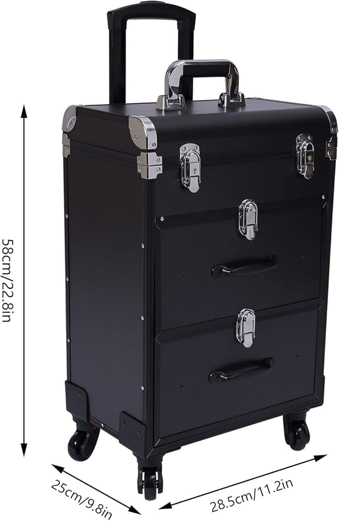 Professional Rolling Makeup Train Case with Drawers, Large Cosmetic Trolley with Locks,Cosmetic Trolley Organizer Case for Travel Makeup/Nail Art/Hair Styling (Black)