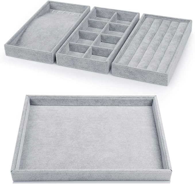 Oirlv Velvet Drawer Jewelry Organizer Tray 4 in 1 Stackable Necklace Ring Jewelry Organizer Trays (Multifunction,14x9.5inch)