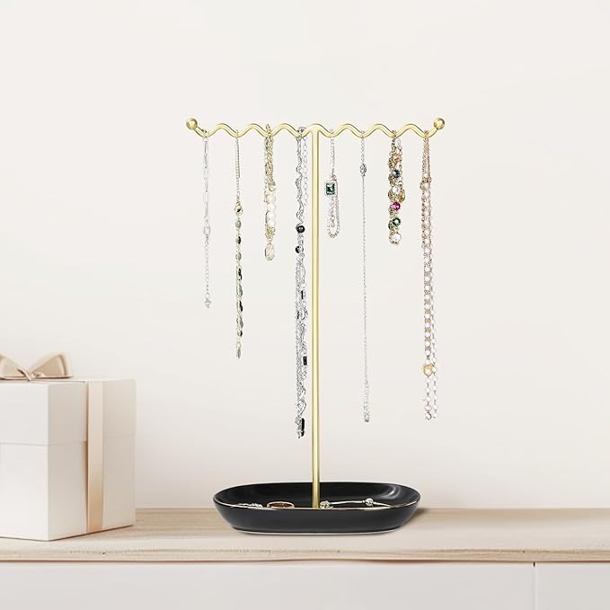 Elegant Jewelry Holder Tree Stand with Ceramic Tray - Metal Necklace Holder Organizer for Rings Bracelets Earrings - Tangle Free, Rustproof Decorative Display for Vanity Dresser Deluxe Black
